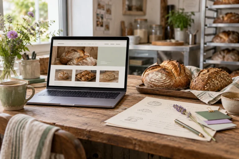 Laptop with a bakery website preview beside bread and a paper menu draft
