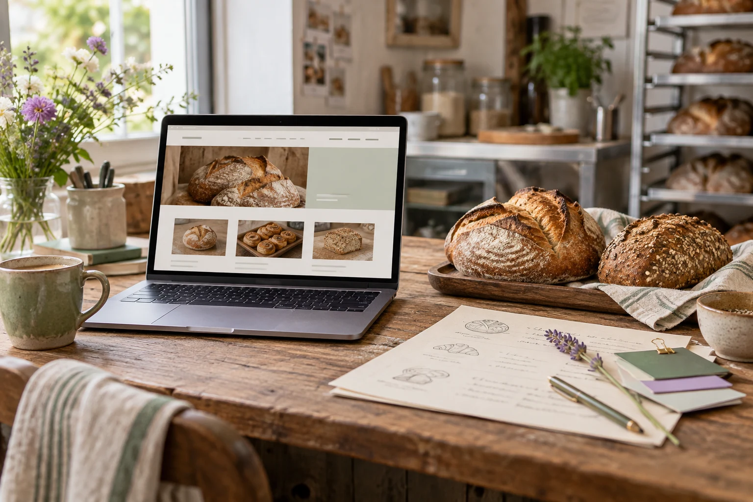 Laptop with a bakery website preview beside bread and a paper menu draft