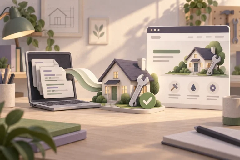 Illustrated code files becoming a repair-service website with a house, wrench and approval mark