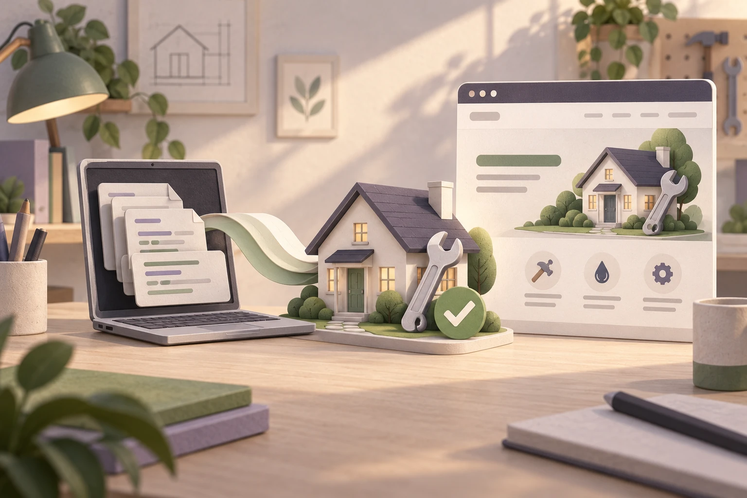 Illustrated code files becoming a repair-service website with a house, wrench and approval mark