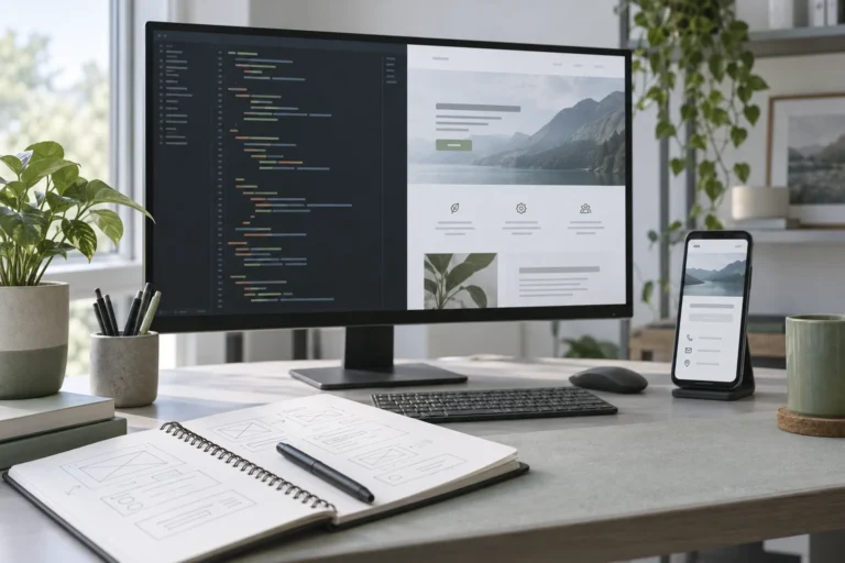 Desktop website editor and a phone showing a service page at a development workspace
