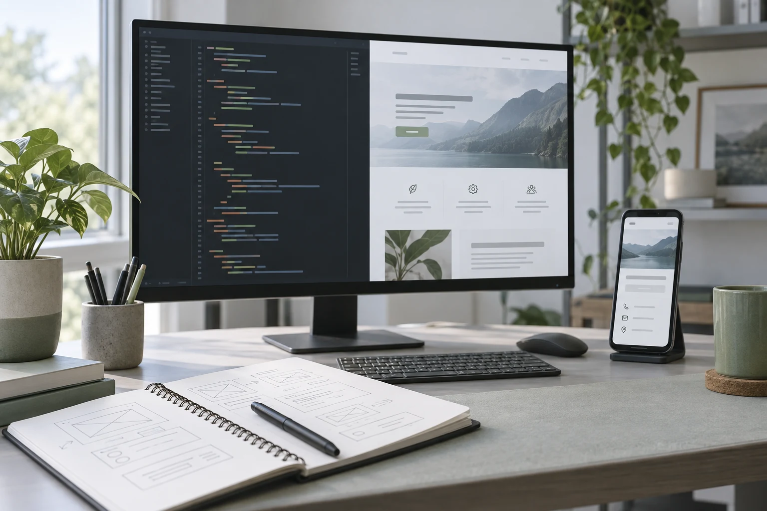 Desktop website editor and a phone showing a service page at a development workspace