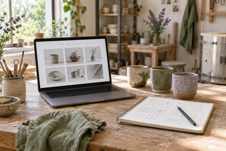 Pottery portfolio website preview on a laptop beside handmade ceramic cups