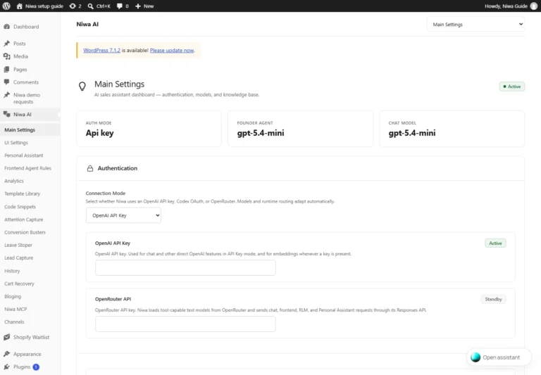 Niwa AI Main Settings showing authentication, model and indexing controls