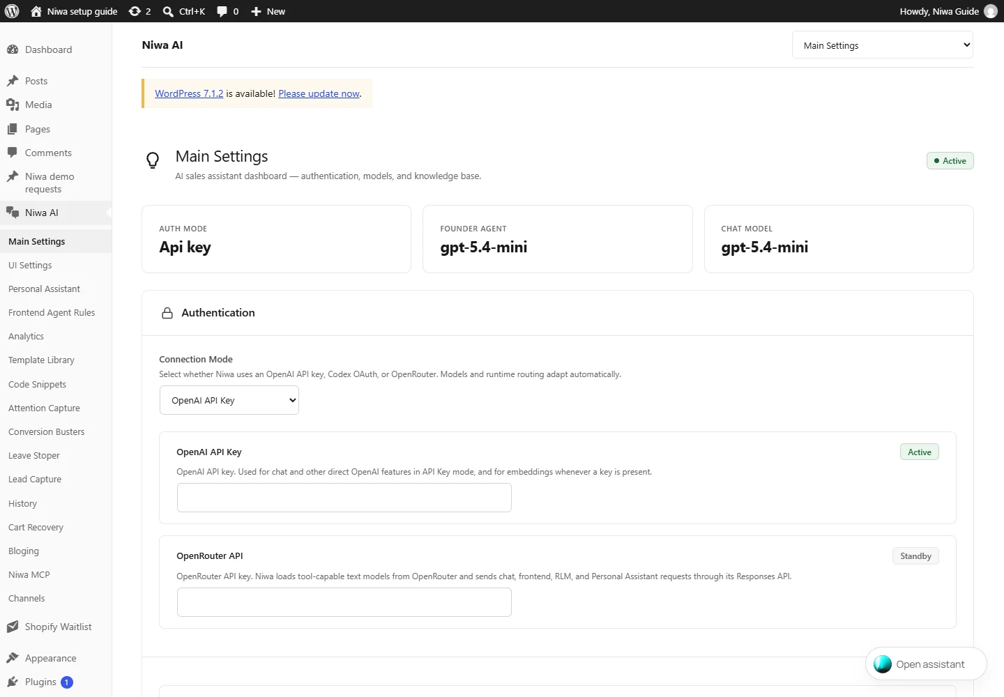 Niwa AI Main Settings showing authentication, model and indexing controls