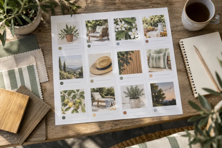 Four-week content calendar and garden-furniture material samples on a planning desk
