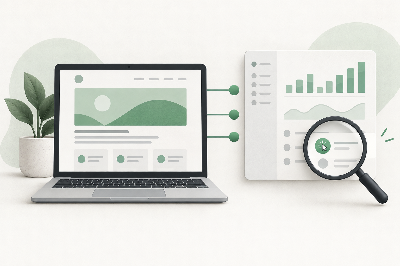 Conceptual illustration of a website connected to an analytics panel with an event inspection magnifying glass