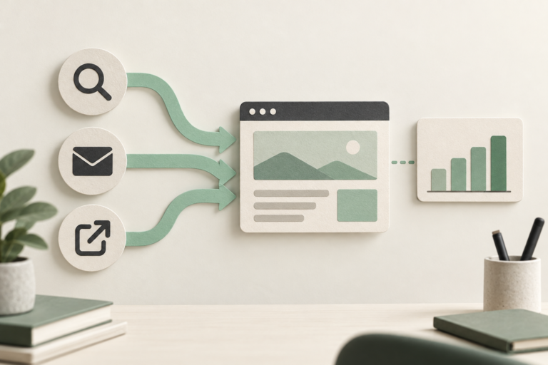 Conceptual search, email and referral paths leading to a website and traffic analytics panel