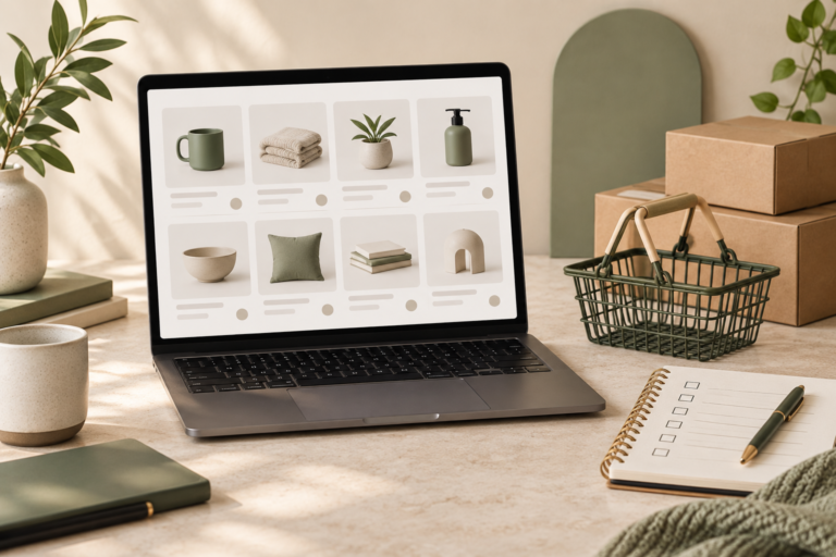A laptop with an illustrated product catalog beside a shopping basket and merchant checklist