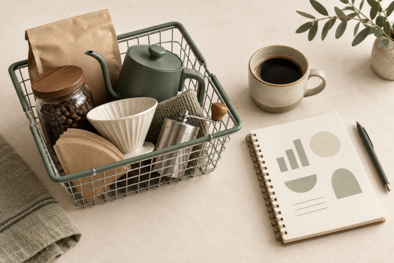 A shopping basket with a coordinated coffee brewing set beside a ceramic cup