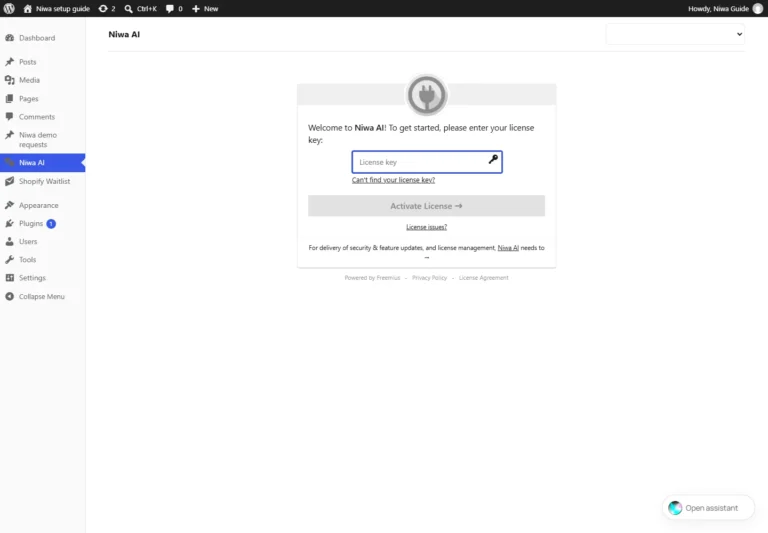 Niwa AI Licence and Account setup screen from the official handbook