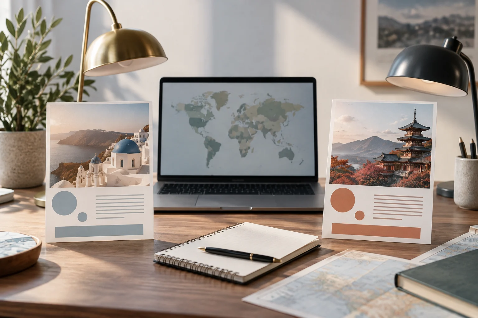 Language-version cards with distinct typographic layouts beside a world map and laptop