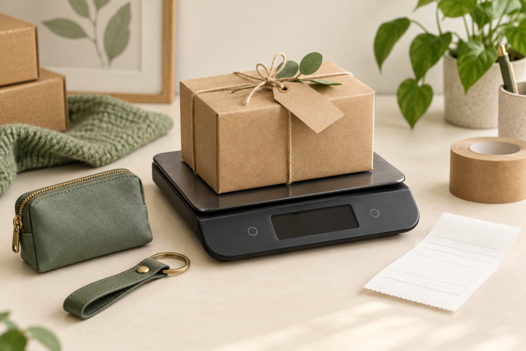 A packed parcel on a shipping scale beside small accessories and an order receipt