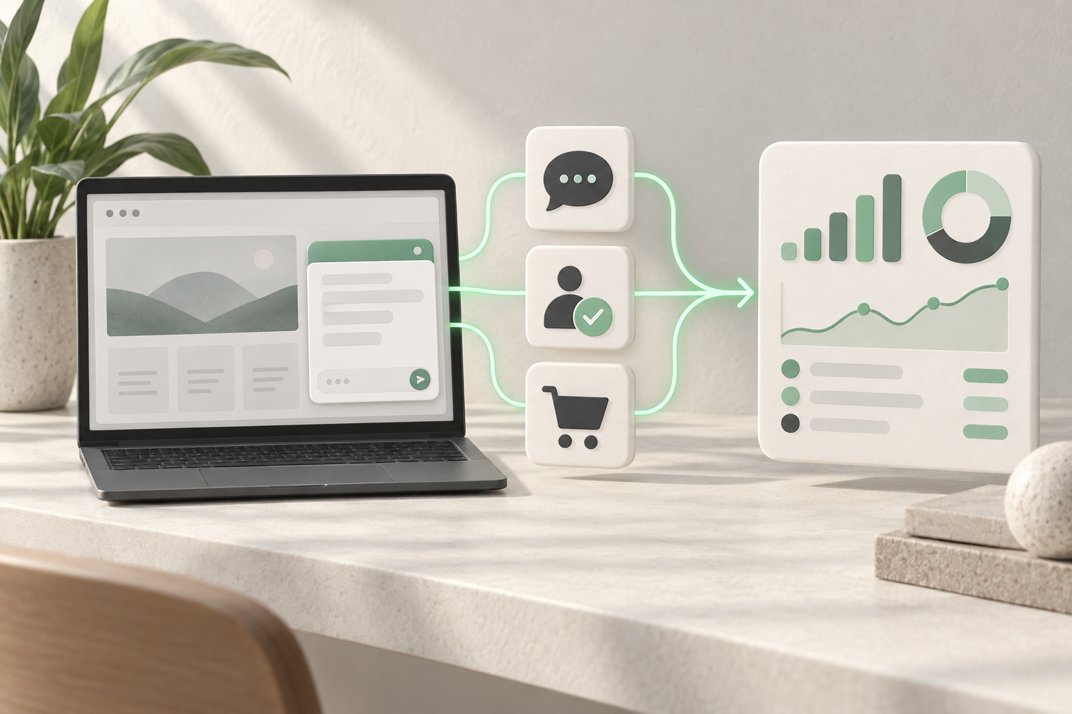Conceptual website chat connected to separate conversation, enquiry and cart measurement signals