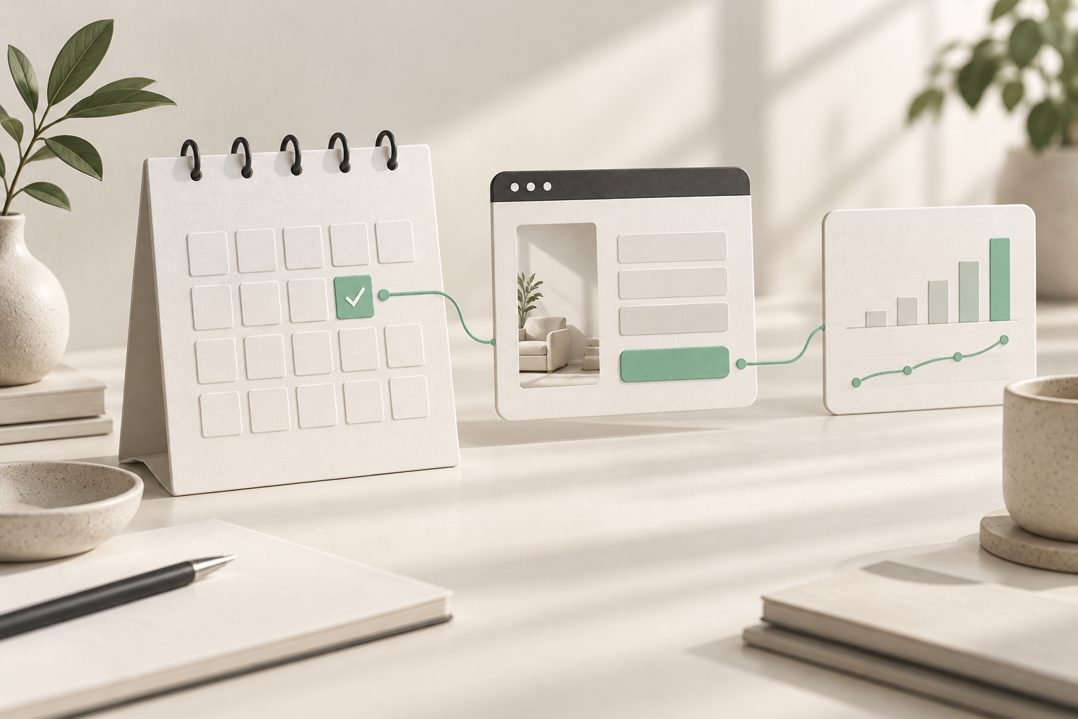 Conceptual calendar with a confirmed appointment connected to website booking and an analytics panel