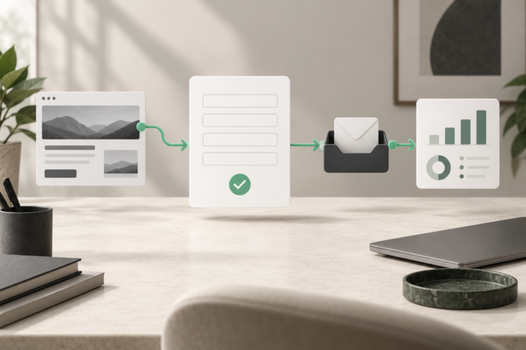 Conceptual contact form with a success check connected to an inbox and analytics panel