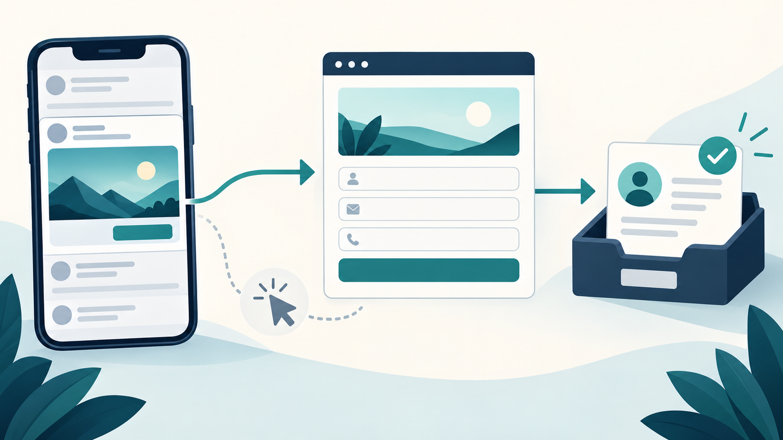 Conceptual journey from a social ad to an accepted website enquiry saved as a contact record