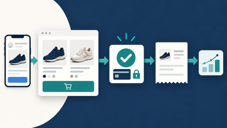Conceptual ecommerce journey from a social ad through payment confirmation to one order receipt