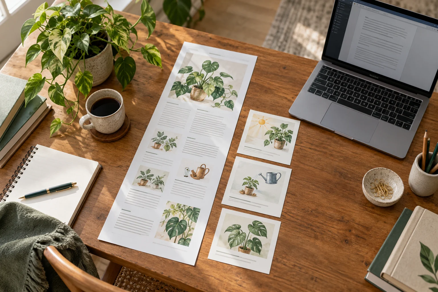 Plant-care article beside three smaller illustrated content cards and a laptop