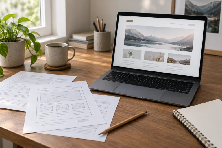 Static page sketches beside a laptop showing a fictional block-based website layout