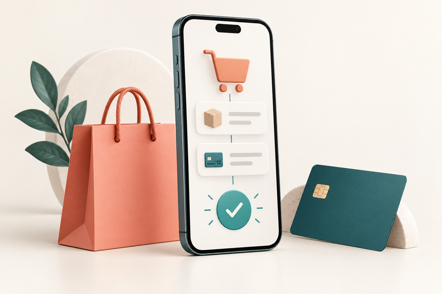 Phone with abstract checkout panels beside a shopping bag and payment card