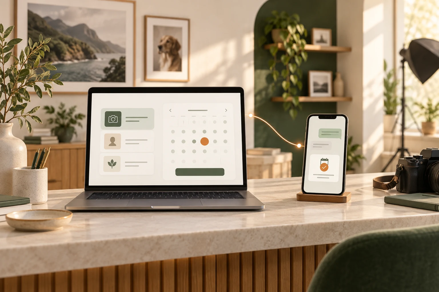 Laptop with a service calendar beside a phone displaying a messaging appointment confirmation in a photography studio