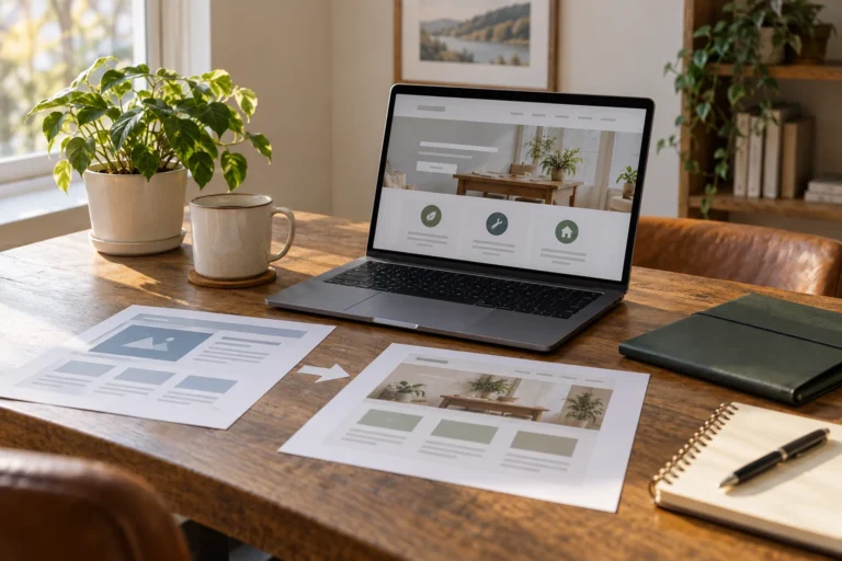 Laptop showing a fictional service website beside printed page layouts and a notebook
