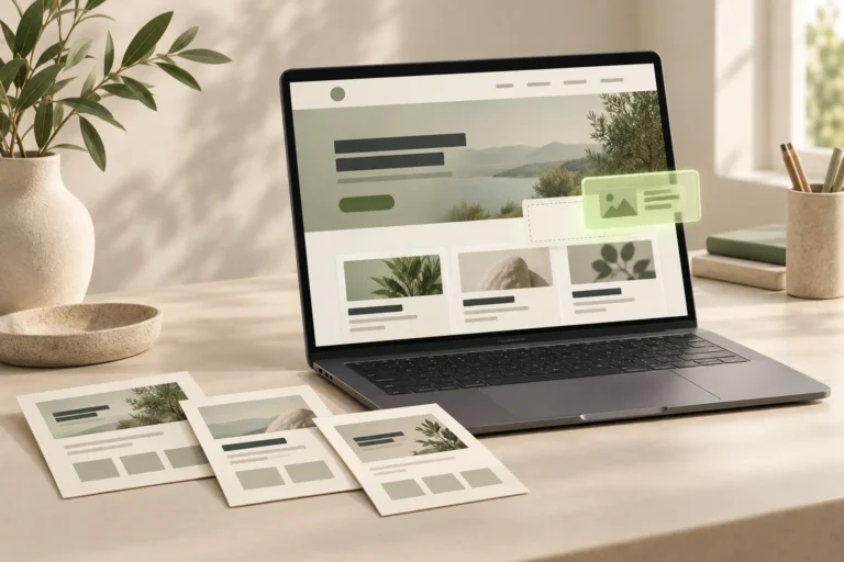 Conceptual business website layout on a graphite laptop beside paper planning cards