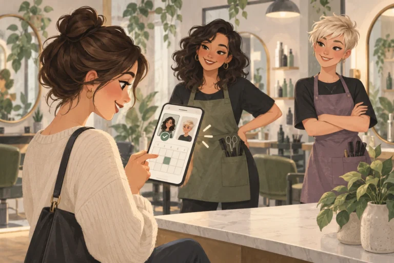 Illustrated client choosing between two hairstylists and selecting a calendar slot on a tablet