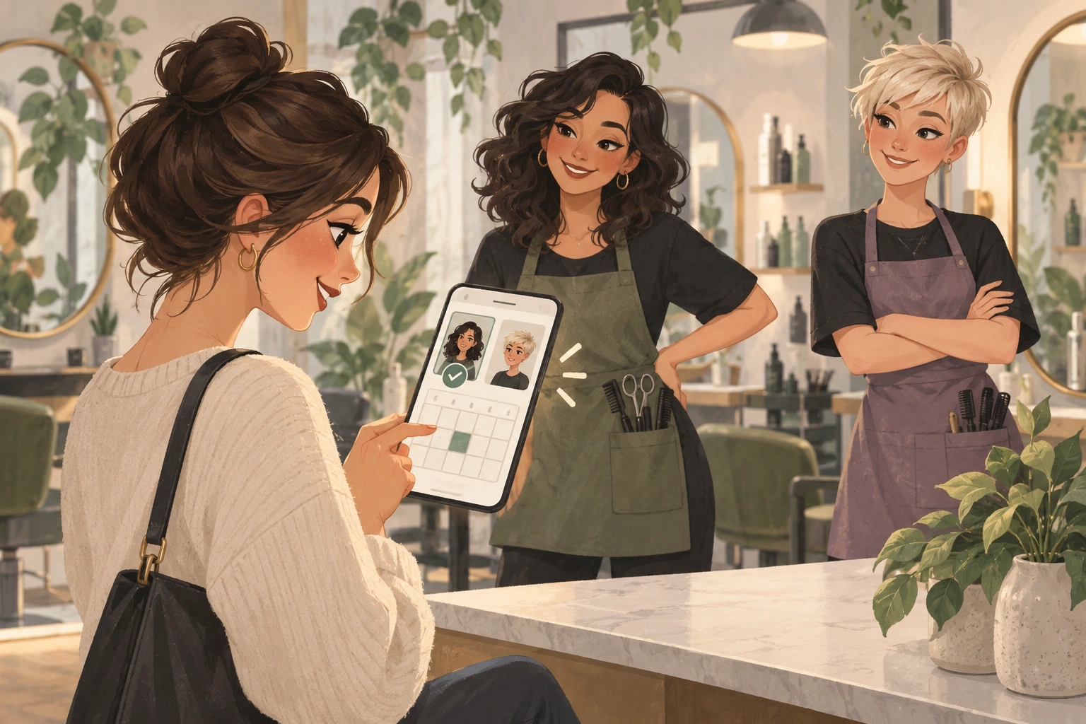 Illustrated client choosing between two hairstylists and selecting a calendar slot on a tablet