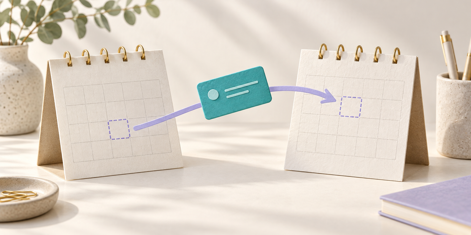 Turquoise appointment card moving between two calendar pages along a lavender arrow