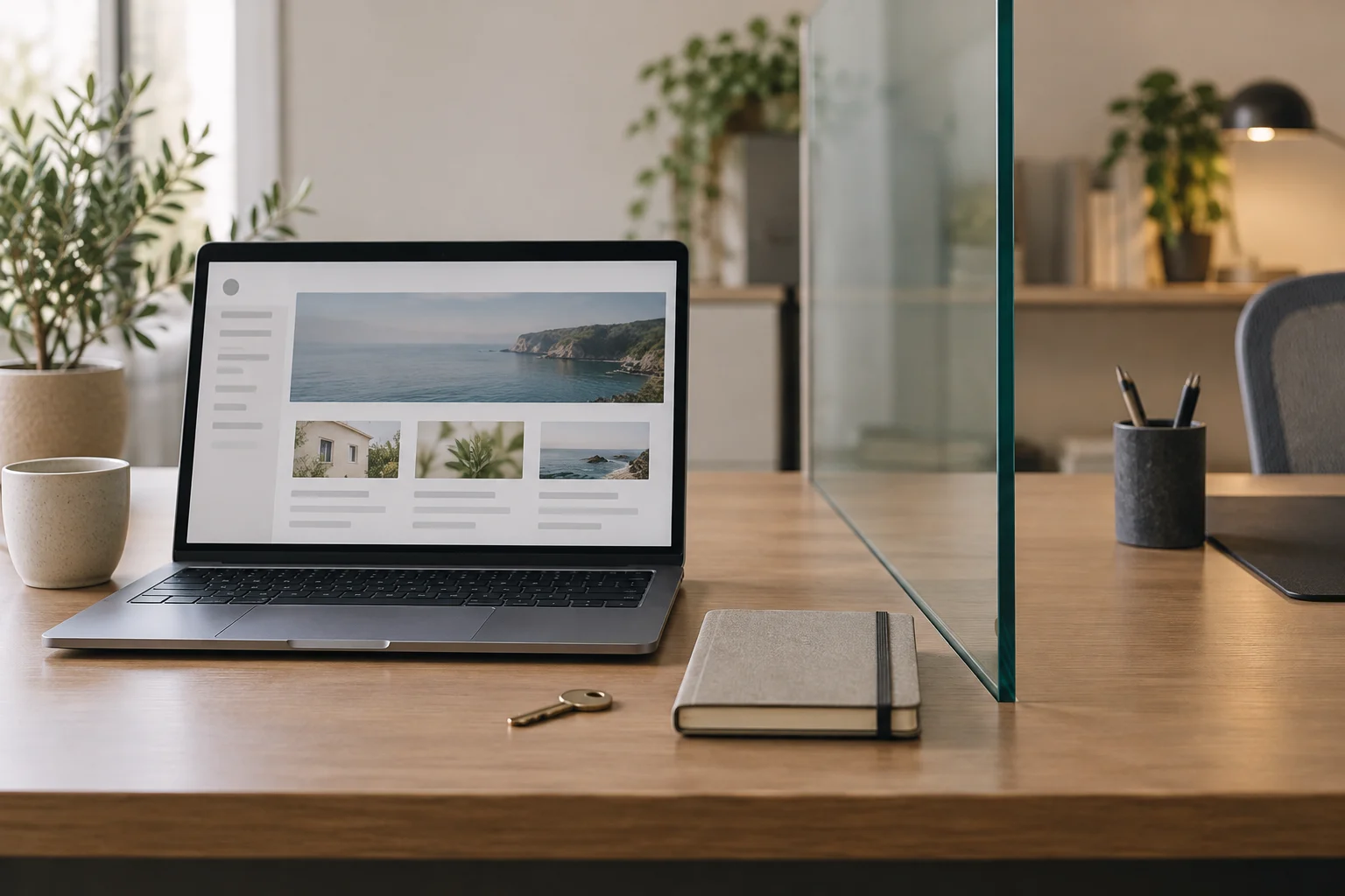 Laptop, physical key and glass divider representing access boundaries