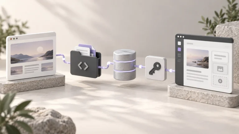 Separate application interface, code folder, database and authentication key connected to an editable content panel