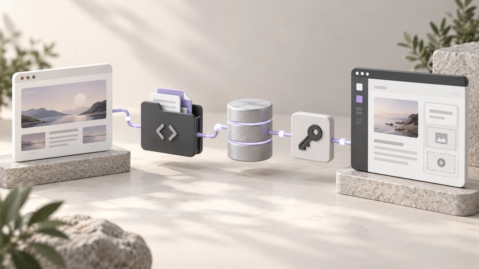 Separate application interface, code folder, database and authentication key connected to an editable content panel