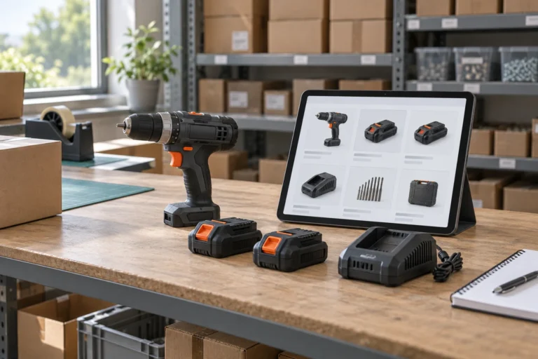 Cordless drill and two battery packs beside a tablet product catalog on a packing bench
