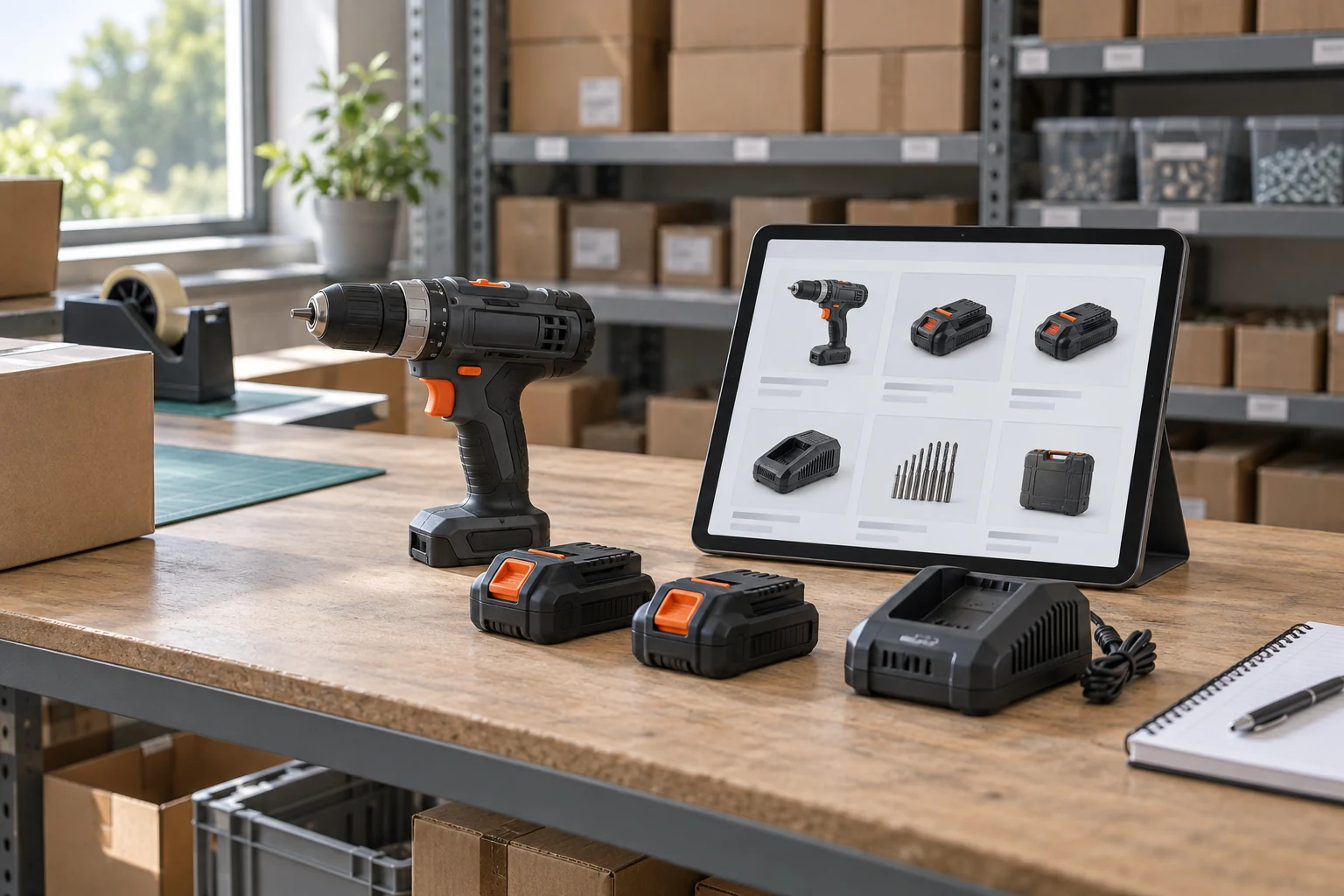 Cordless drill and two battery packs beside a tablet product catalog on a packing bench