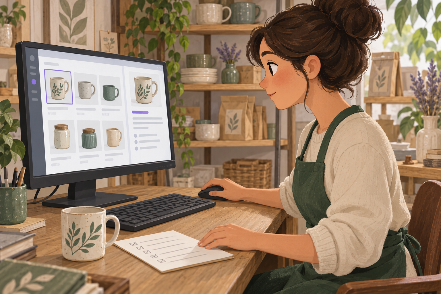 Illustrated shopkeeper reviewing a selected mug record in a product catalogue beside a matching ceramic mug