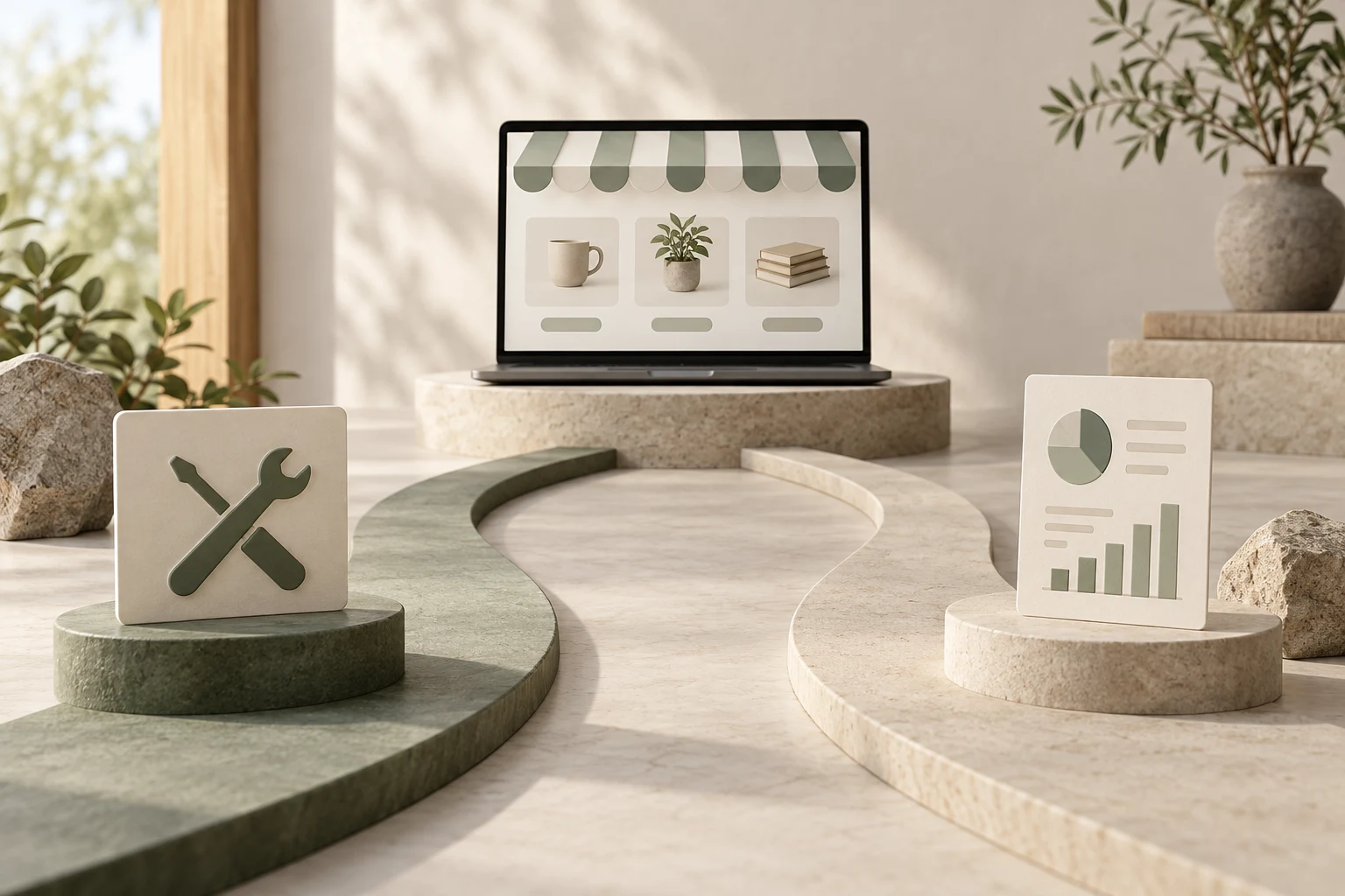 Two different interface paths leading to a laptop storefront