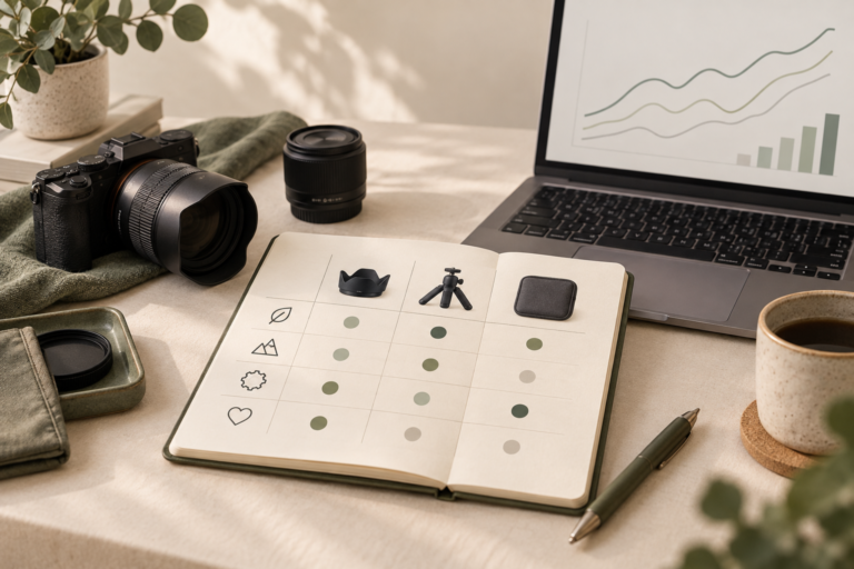 A merchant measurement notebook beside a camera accessory and an illustrated analytics screen