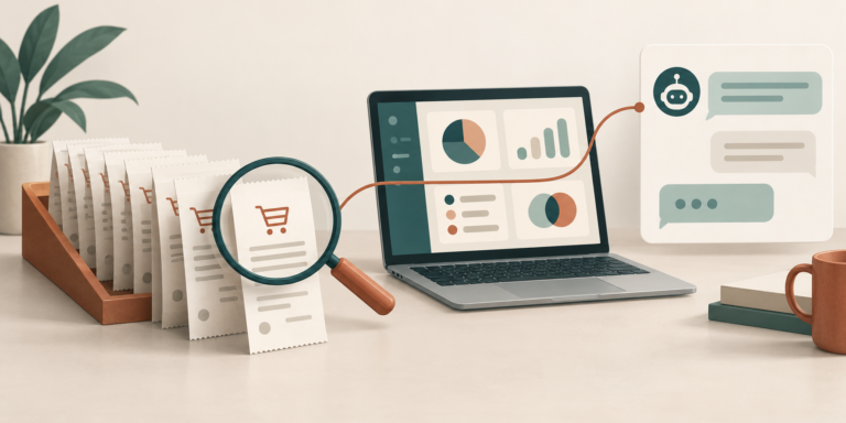 Magnifying glass over order receipts beside a laptop and conversation panel