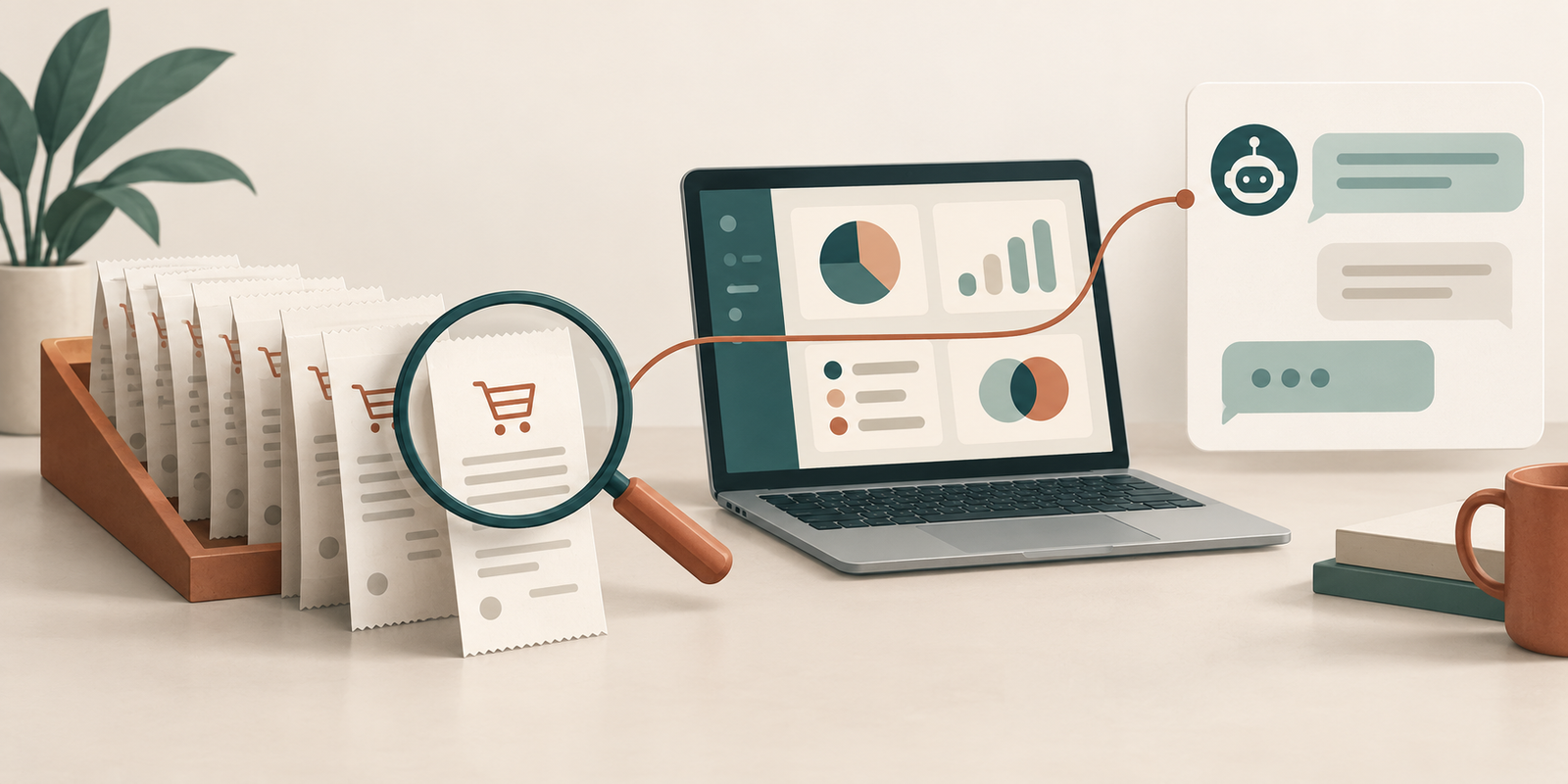 Magnifying glass over order receipts beside a laptop and conversation panel
