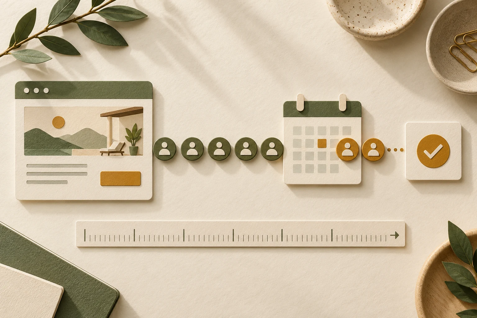 Conceptual website visit tokens leading to a calendar and confirmation beside an unnumbered measurement strip