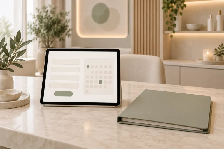 Tablet with a simple conceptual appointment form beside a separate closed clinical intake folder