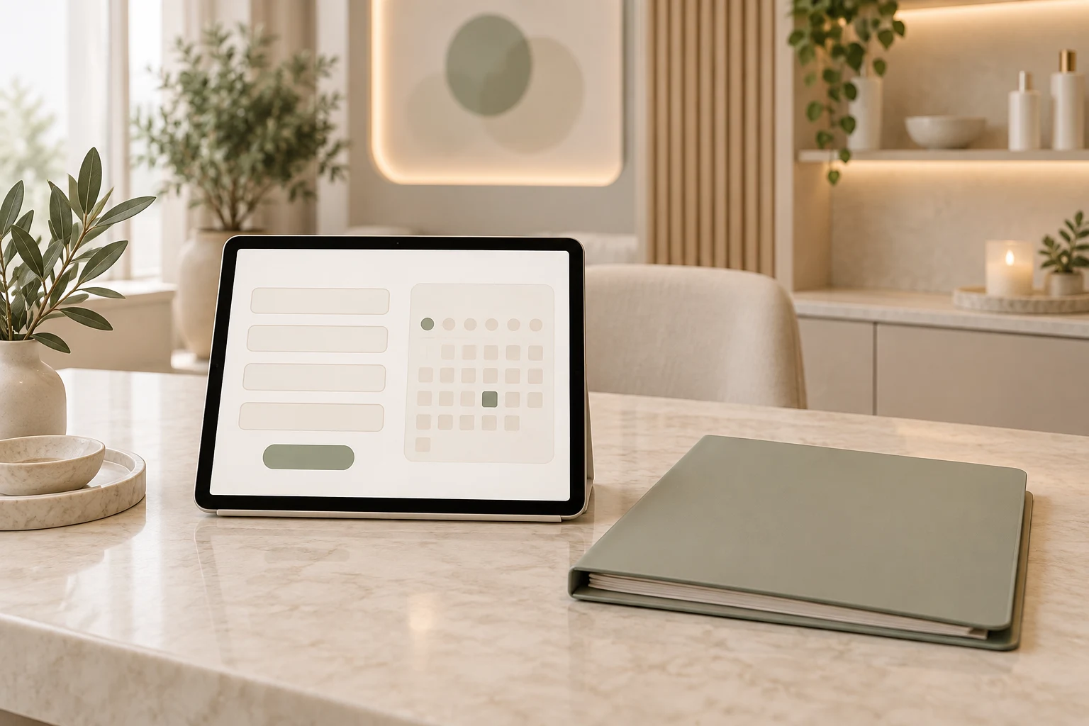 Tablet with a simple conceptual appointment form beside a separate closed clinical intake folder