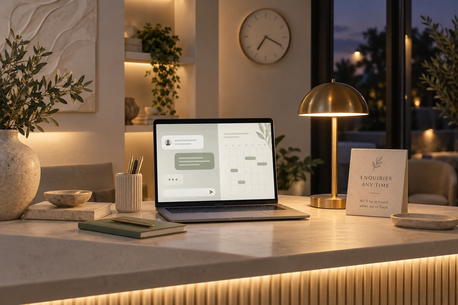 Quiet medspa reception at dusk with a desk lamp and laptop enquiry and appointment screens