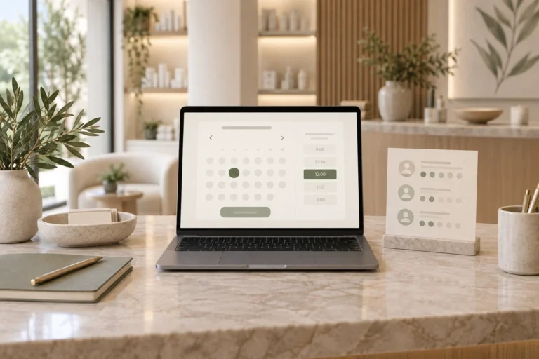 Laptop with a consultation calendar and a staff schedule card on a medspa reception desk