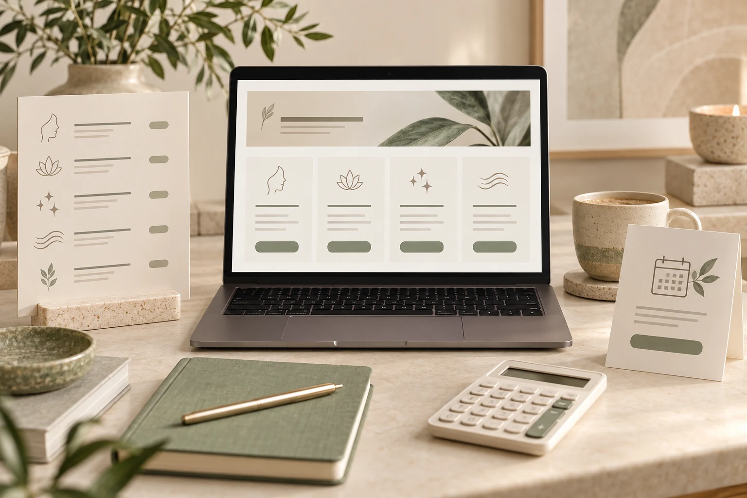 Service menu cards, calculator and a conceptual website pricing page on an ivory reception desk