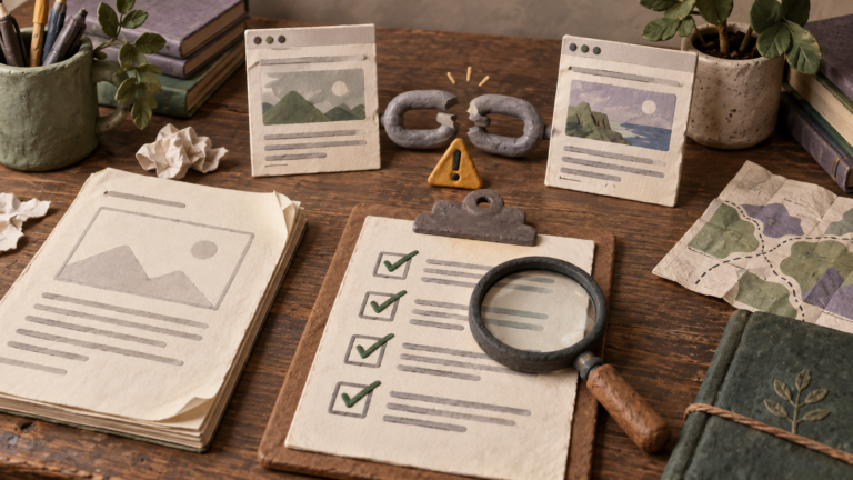 Illustrated SEO review desk with incomplete source notes, a broken connection and an approval checklist