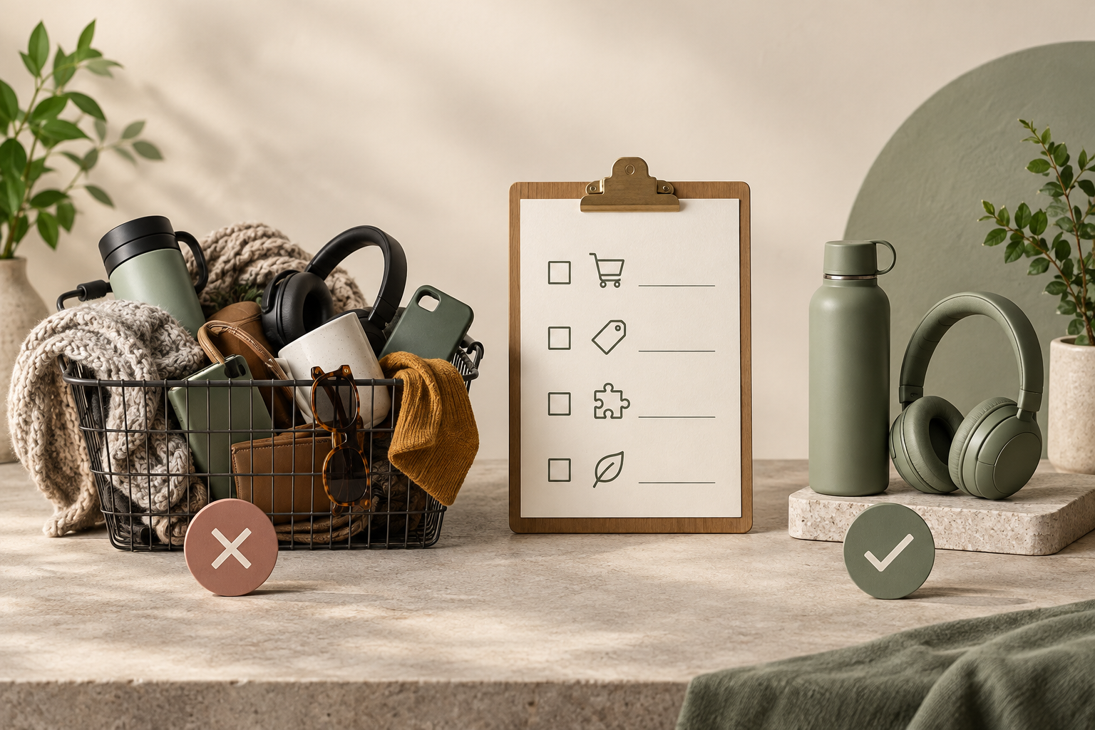 A cluttered basket of mismatched accessories beside a neat product pairing and merchant checklist