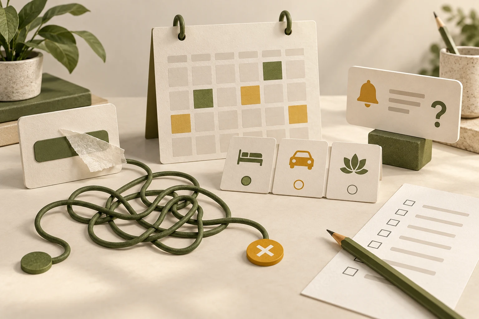 Conceptual calendar and booking obstacle cards beside an audit checklist